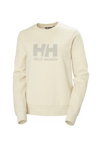 Sudadera color crema hecha de una tela suave con cuello redondo, que presenta un destacado logo gris "H/H" y el texto "HELly HANSEN" en la parte frontal.