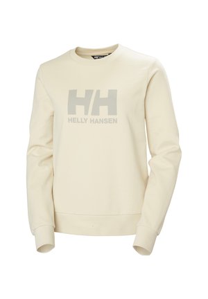 Crème gekleurde sweatshirt gemaakt van zacht materiaal met een ronde hals, met een prominent grijs "H/H" logo en de tekst "HELly HANSEN" op de voorkant.