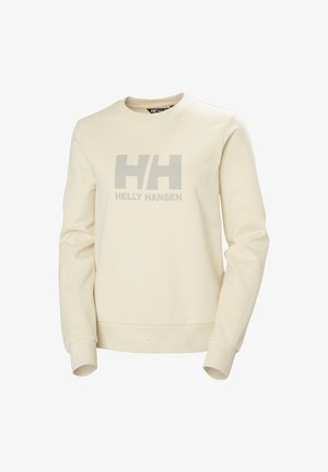 Kremowy sweter wykonany z miękkiego materiału, z okrągłym dekoltem, z wyraźnym szarym logo "H/H" i napisem "HELly HANSEN" z przodu.