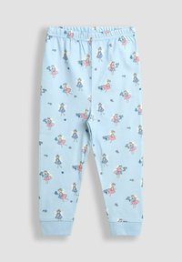 Leggings pentru copii de culoare albastră deschisă, decorate cu ilustrații de zâne roz și albastre care țin flori și poartă rochii.