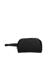 Borsa da toilette in pelle nera con texture, dotata di un manico per il polso e una zip superiore, con il logo "pierre cardin" impresso sul fronte.