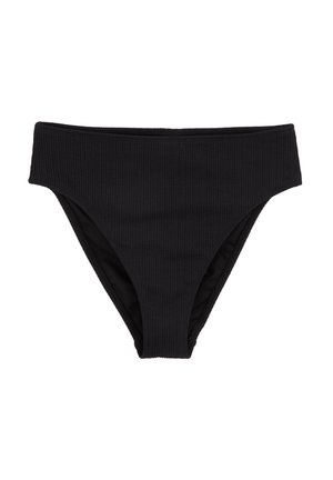 Fondo di bikini nero con una texture a coste, design a vita alta e copertura moderata, dotato di un rivestimento interno liscio.