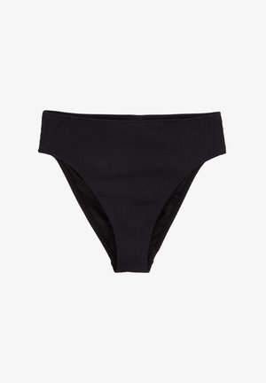 Schwarze Bikiniunterteile mit gerippter Textur, hochgeschnittener Form und moderater Bedeckung, mit einer glatten Innenauskleidung.