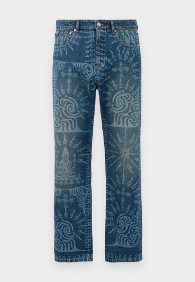 Denim jeans in a medium blue wash, featuring intricate light blue patterns, straight leg design, classic five-pocket style, and button closure.
