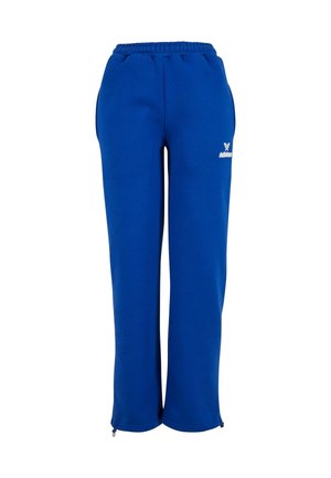 Blauwe sweatpants van zacht materiaal, met een elastische tailleband, zijzakken en ritsen bij de enkels voor een verstelbare pasvorm.