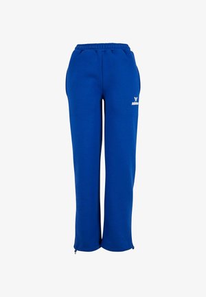 Blauwe sweatpants van zacht materiaal, met een elastische tailleband, zijzakken en ritsen bij de enkels voor een verstelbare pasvorm.