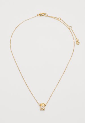 Gold necklace featuring a delicate chain, a pendant with a heart shape and small jewels, and a lobster clasp closure.