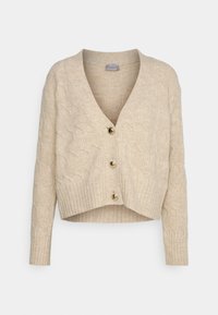 Beige cropped cardigan with a V-neck, featuring a cable knit pattern, ribbed hem, and three gold-tone buttons at the front.