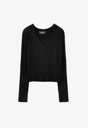 Stradivarius, HOODED CABLE-KNIT JUMPER - Sweat à capuche - black