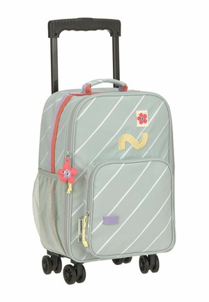 Valise souple gris clair avec rayures blanches en diagonale, poche avant, poche latérale en filet, tirette de fermeture éclair fleurie et poignée télescopique noire avec roues.
