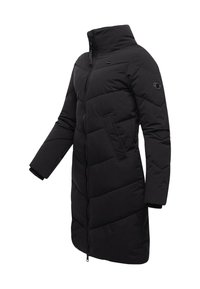 Juodas pūkinis paltas su aukštu apykakliu, užtrauktuku, siuvinėtu dizainu, šoninėmis kišenėmis ir apsiūtais rankogaliais papildomam šilumui ir patogumui.