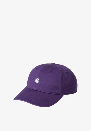 Purple cotton baseball cap with a curved brim, featuring stitched eyelet holes and a white embroidered logo on the front.