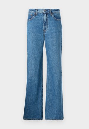 Lyseblå denimbukser med vide ben har høy midje, frontlommer og klassisk søm. Stoffet har en teksturert finish.