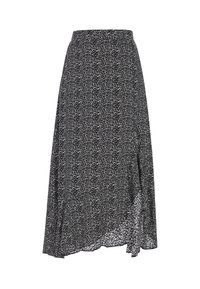 Zwarte en witte bloemenprint rok met een wikkelontwerp, lichte textuur en asymmetrische zoom. Beschikt over een aansluitende taille.