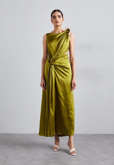 Knie-langes Kleid aus olivgrünem Satin, mit einem drapierten Design, geknotetem Taillendetail und einem asymmetrischen Schulterträger.