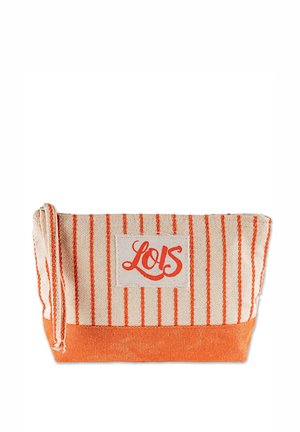 Bolsa rayada de tela beige y naranja, con una textura suave, cierre de cremallera y una etiqueta con el logo "LOIS" en cursiva.