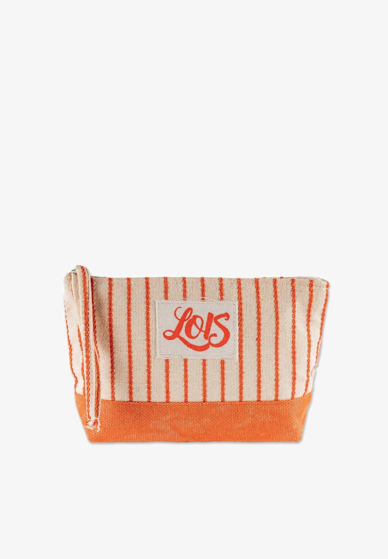 Bolsa rayada de tela beige y naranja, con una textura suave, cierre de cremallera y una etiqueta con el logo "LOIS" en cursiva.