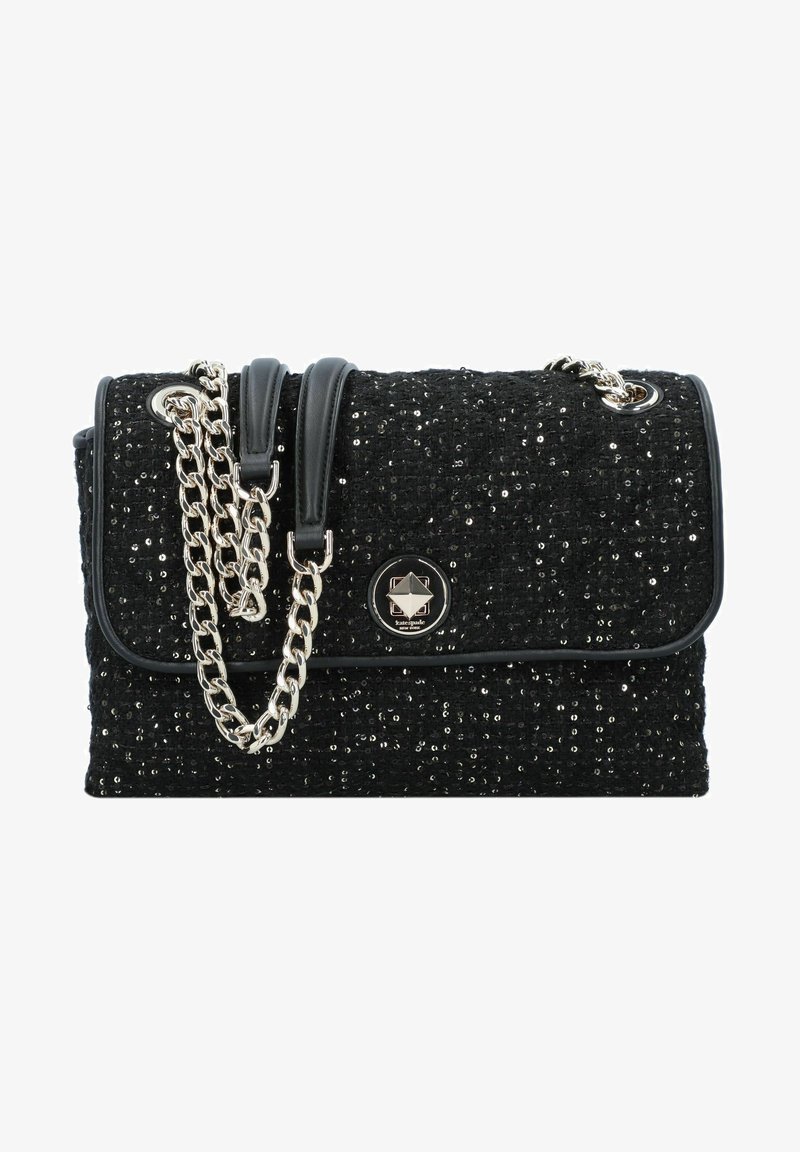 Borsa a mano in tweed nero con paillettes argento, caratterizzata da rifiniture in pelle, tracolla a catena e un chiusura metallica circolare con un design geometrico.