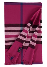 Écharpe magenta avec des rayures horizontales violet foncé et rose clair, des bords à franges, et une étiquette noire pliée soigneusement.