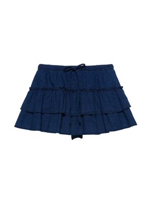 Tmavomodrá vrstvená mini sukňa so sťahovacou šnúrkou v páse a volánikovými detailmi, vyrobená z ľahkej denimovej látky.