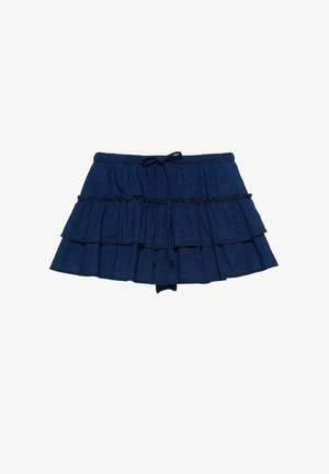 Marineblauer gestufter Minirock mit Kordelzug in der Taille und Rüschendetails, aus leichtem Denimstoff gefertigt.