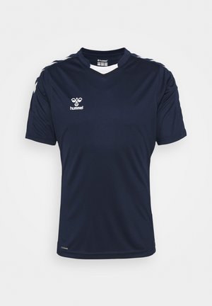 Navy blue sports jersey made of lightweight fabric. Features a V-neck, short sleeves, and white logo/text on the front and shoulders.
