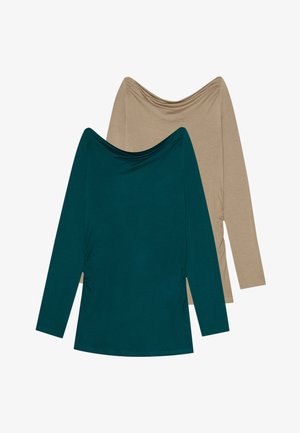 Two long-sleeve tops; one teal and one beige. Both have a draped neckline and gathered detailing on the sides, made from soft fabric.