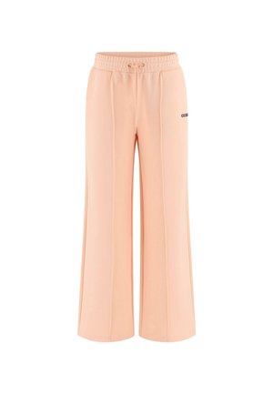 Pantalons de style Palazzo en tissu pêche doux, dotés d'une taille élastique, d'un cordon de serrage et du logo "GUB" sur le côté gauche. Texture lisse.