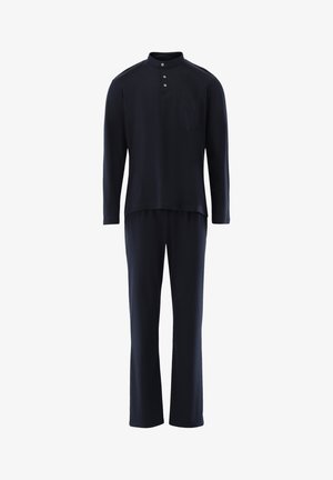 Schwarzes Pyjama-Set mit langen Ärmeln, einem Kragen mit drei Knöpfen und passenden geraden Hosen, dargestellt vor weißem Hintergrund.