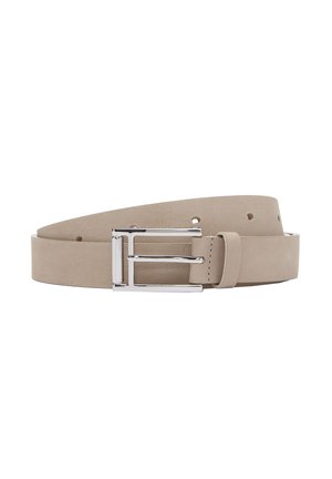 Beige suede belt with a silver rectangular buckle, featuring multiple holes for adjustment and a smooth texture.