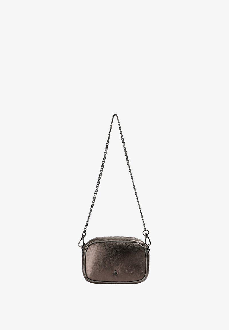 Kleine metallic donkergrijze crossbody tas met ronde hoeken, voorvak met rits en afneembare kettingriem.