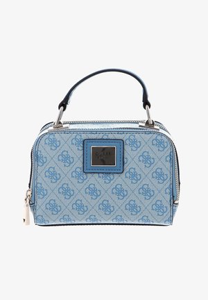 Light blue Guess handbag with patterned monogram, black handle, silver zipper, and metal logo plaque on the front.