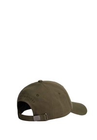 Gorro de béisbol de algodón en verde oliva con un logo bordado en la parte posterior, cierre de metal ajustable y visera curva.