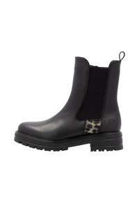 Black leather ankle boot with a low block heel, elastic side panels, and a leopard print accent. Smooth texture with stitching detail.