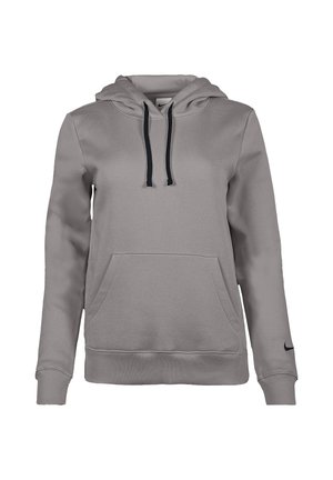 Sweat à capuche gris à manches longues avec poche ventrale, cordons noirs, poignets côtelés et petit logo Nike noir sur la manche gauche.