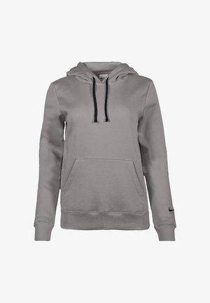 Sweat à capuche gris à manches longues avec poche ventrale, cordons noirs, poignets côtelés et petit logo Nike noir sur la manche gauche.