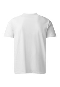 Απλό λευκό κοντομάνικο T-shirt με στρογγυλή λαιμόκοψη, εμφανιζόμενο από πίσω, με ομαλή υφή και κανονική εφαρμογή.