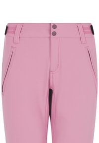 Ružové nohavice vyrobené z hladkej, elastickej látky. Majú rovný predok, dve bočné vrecká a dvojité zapínanie na gombíky.