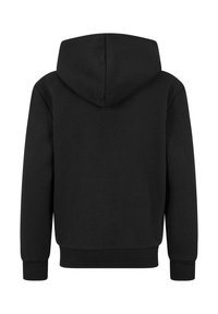 Enkel svart hettegenser vist bakfra, med lange ermer og ribbet mansjetter og linning.