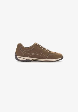 Brown suede sneaker with beige stitching, rounded toe, and rubber sole. Features lace-up design and textured heel for grip.