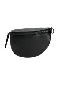 Borsa in pelle nera con finitura texturizzata, forma arrotondata, chiusura con zip superiore e un anello laterale per il trasporto.