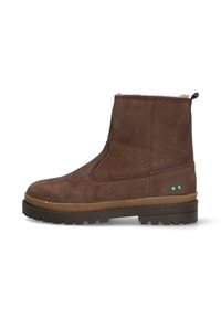 Bruine suède enkelboot met een gestructureerde afwerking, platte rubberen zool, achterste trekstrip en twee turkooise accenten aan de zijkant.