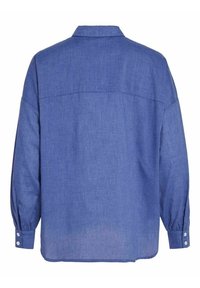 Chemise bleue à manches longues avec poignets boutonnés et ourlet droit, vue de dos.