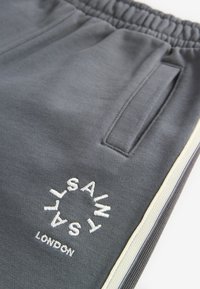 Sive trenirke s elastičnim pasom, z bočnimi žepi in belim izvezenim logotipom. Okrašene s črtastim trakom.