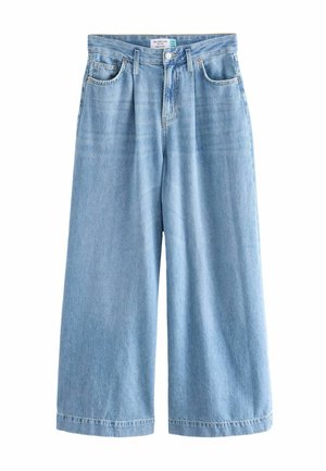 Gaiši zili plataji džinsi ar augstu jostasvietu, pogu aizdari un piecām kabatām. Mīksta tekstūra ar dzesētu krāsas tonis un izšūti apakšmalas.