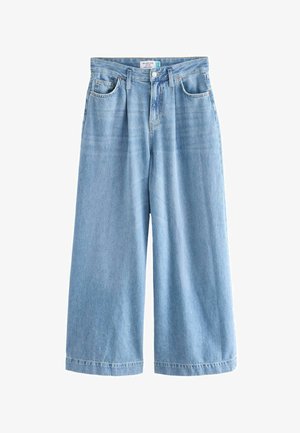 Gaiši zili plataji džinsi ar augstu jostasvietu, pogu aizdari un piecām kabatām. Mīksta tekstūra ar dzesētu krāsas tonis un izšūti apakšmalas.