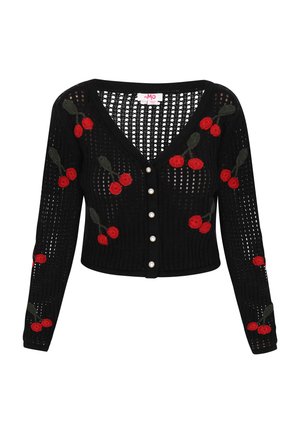 Zwarte, cropped cardigan van gebreid materiaal met een V-hals. Heeft rode kersenborduursels en groene bladeren, en parelknoopjes aan de voorkant.