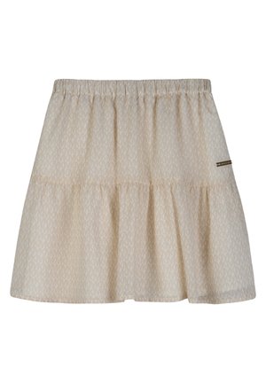 Beige rok van stof met een subtiel geometrisch patroon, voorzien van een elastische tailleband en een gelaagd ontwerp. Met gouden accenten.