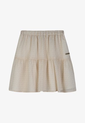 Jupe beige en tissu avec un motif géométrique subtil, dotée d'une ceinture élastique et d'une coupe à volants. Accessoires dorés inclus.