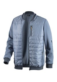 Light blue bomber jacket with a quilted front, smooth sleeves, ribbed cuffs and collar, featuring a zipped chest pocket and side openings.
